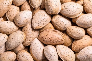 Almonds in a shell background, close-up, top view