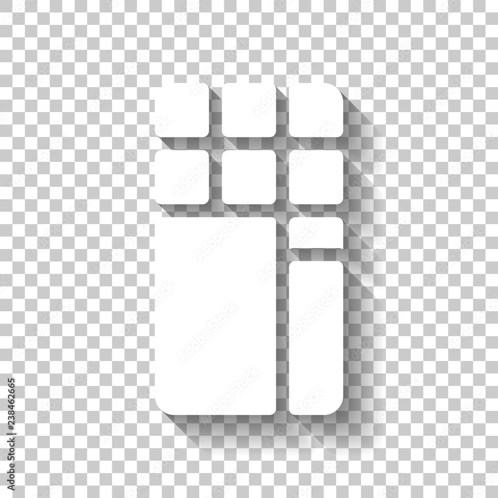 Poster opened chocolate wrapped into package. white icon with shadow on transparent background