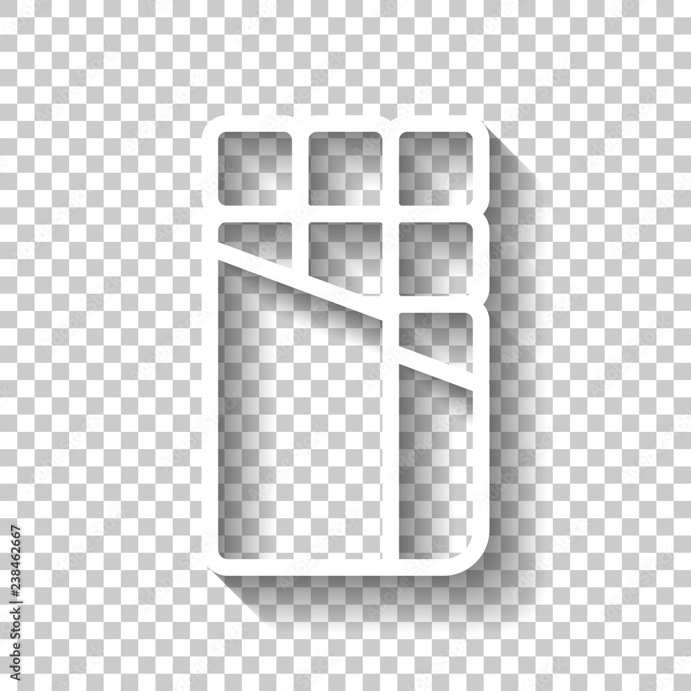 Poster opened chocolate wrapped into package. outline linear icon. white icon with shadow on transparent ba