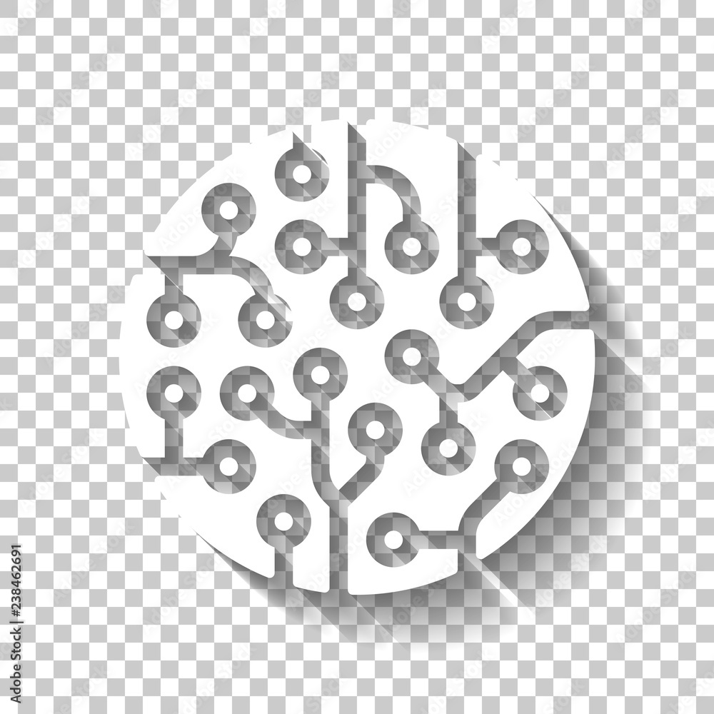 Poster cpu round chipset, computer chip. technology icon. white icon with shadow on transparent background