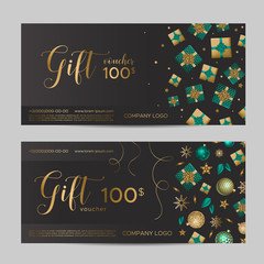 Fototapeta na wymiar Christmas gift voucher template. Presents and snowflakes with sequins on a black background