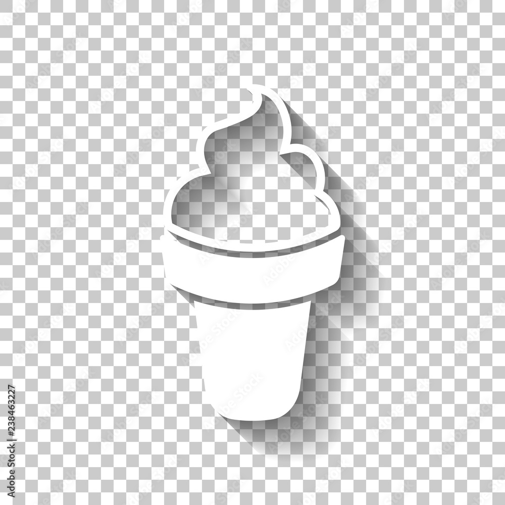 Poster ice cream in waffle cone. simple icon. white icon with shadow on transparent background