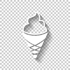 Ice cream in waffle cup. Simple icon. White icon with shadow on transparent background