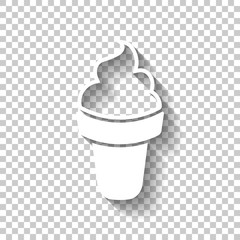 Ice cream in waffle cone. Simple icon. White icon with shadow on transparent background