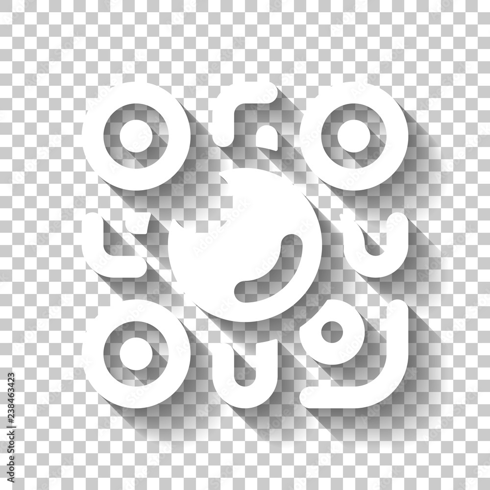 Poster qr scanner, scan by mobile camera, logo for app, icon with qrcode and lens. white icon with shadow o