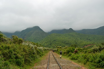 A railway track against a foggy mountain background, Kijabe Hills, Kenya