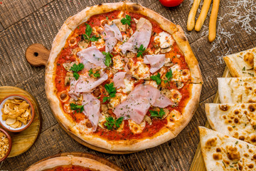 Pizza mortadella on plate