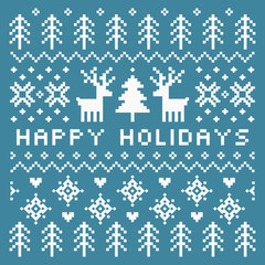 Vector Scandinavian style Happy Holidays card in teal and cream with reindeer, trees, snowflakes and hearts. Square format pixel design with text greeting for cards, posters and flyers. - 238467669