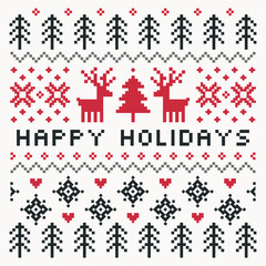 Vector Scandinavian style Happy Holidays card in red, cream and charcoal with reindeer, trees, snowflakes and hearts. Square format pixel design with text greeting for cards, posters and flyers. - 238467697