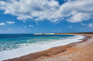 Beautiful wild beach with clear turquoise water and waves.