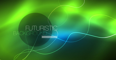 Glowing abstract wave on dark, shiny motion, Christmas and New Year magic space light. Techno abstract background