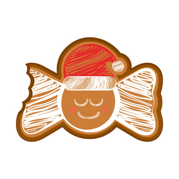 Happy bitten bowtie gingerbread with a christmas hat. Vector illustration design