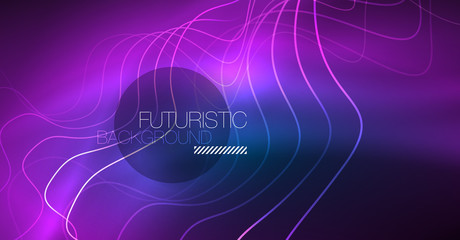 Glowing abstract wave on dark, shiny motion, Christmas and New Year magic space light. Techno abstract background