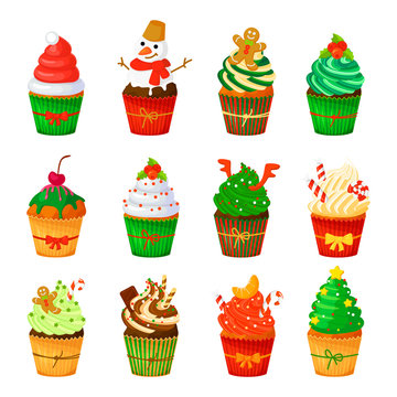 Vector Christmas cupcakes set isolated. cartoon style