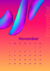 Abstract minimal calendar design for 2019. Colorful set. November
