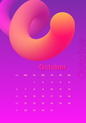 Abstract minimal calendar design for 2019. Colorful set. October