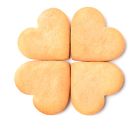 Heart shaped cookies on white background, top view