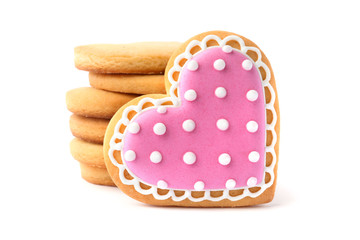 Homemade heart shaped cookies on white background