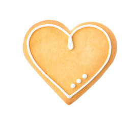 Decorated heart shaped cookie on white background, top view