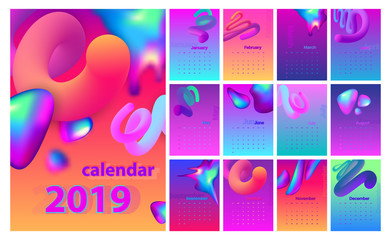 Abstract minimal calendar design for 2019. Colorful set.