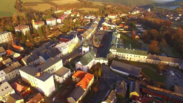 Camera flight over The Manetin town. It is baroque landmark in Western Bohemia. Amazing destination in Central Europe.