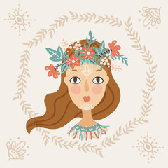 Portrait of a European girl in a wreath with a pattern on her fa