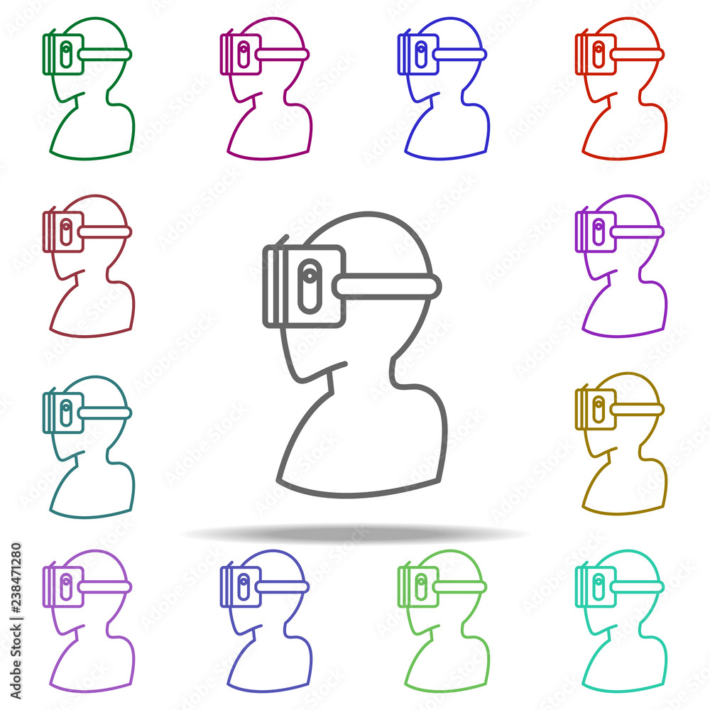 Poster a man in virtual reality glasses icon. elements of virtual reality in multi color style icons. simpl