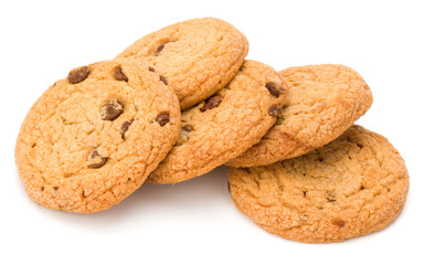 Chocolate chip cookies isolated on white background. Sweet biscuits. Homemade pastry.