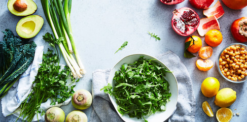 High angle view of various fruits and vegetables on table