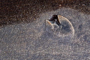Rustic piece of wood, with a knot, covered in frost as nature background