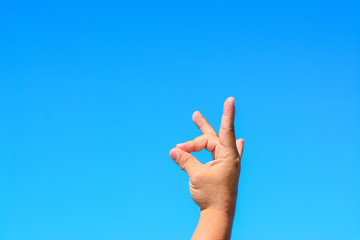 A male hand shows a rabbit or playboy symbol sign against blue sky background.