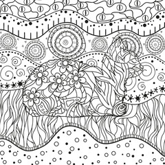 Abstract eastern pattern with cat on isolated white. Zentangle. Hand drawn abstract patterns on isolation background. Design for spiritual relaxation for adults. Black and white illustration