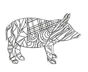 Pig on white. Hand drawn animal with intricate patterns on isolated background. Design for spiritual relaxation for adults. Image for banner, flyer and textile. Black and white illustration