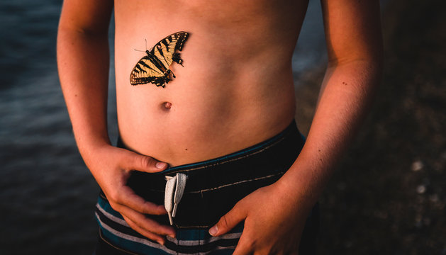Midsection of shirtless boy with butterfly on stomach standing at beach during sunset