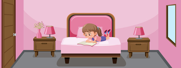 A girl reading book in bed