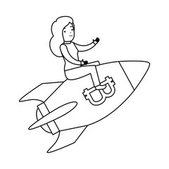 businesswoman flying in rocket with bitcoin symbol