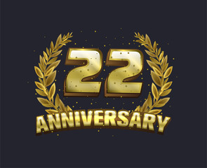 22nd 3D golden anniversary emblem with floral frame