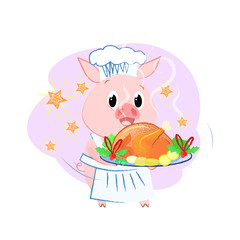 Cartoon piggy cooking New Year dinner. Christmas menu concept. Vector illustration can be used for festive posters, flyers, party invitations