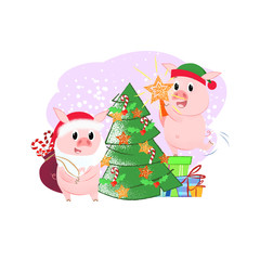Cheerful pigs wearing Christmas costumes, decorating fir tree. Celebrating concept. Vector illustration can be used for banner design, festive posters, greeting cards, party invitations