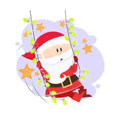 Cheerful Santa swinging on string of lights. Celebration and fun concept. Vector illustration can be used for banner design, festive posters, greeting cards, party invitations