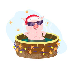 Christmas cartoon pig wearing sunglasses enjoying spa resort and having bath outdoors. Christmas vacation concept. Vector illustration can be used for posters, flyers, party invitations