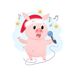 Obraz na płótnie Canvas Christmas piggy singing with mic. Christmas concert concept. Vector illustration can be used for banner design, festive posters, greeting cards, party invitations