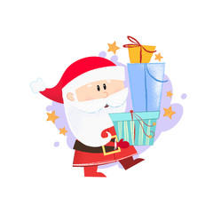 Cute cartoon Santa Claus carrying stack of presents. Christmas gift delivery concept. Vector illustration can be used for banner design, festive posters, greeting cards, flyers