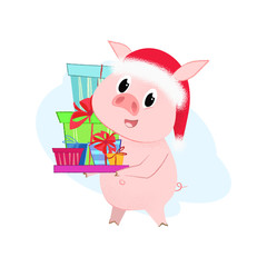 Naklejka premium Joyful piglet in Santa hat carrying pile of presents. Christmas gift delivery concept. Vector illustration can be used for banner design, festive posters, greeting cards