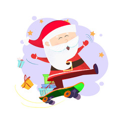 Joyful Santa Claus skateboarding with gifts. Presents delivery concept. Vector illustration can be used for banner design, festive posters, greeting cards, flyers