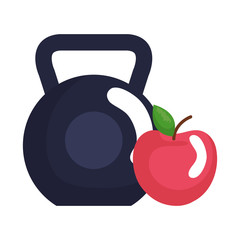 weight lifting dumbbell with apple fresh fruit