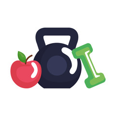 weight lifting dumbbell with apple fresh fruit