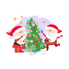 Two Santa Clauses decorating Christmas tree. Celebrating and party concept. Vector illustration can be used for banner design, festive posters, greeting cards, party invitations