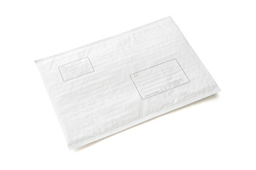 White postal package with area for write address. Plastic parcel object background for online shopping advertising. Isolated on white background with clipping path.