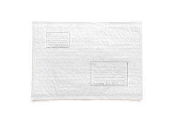 White postal package with area for write address. Plastic parcel object background for online shopping advertising. Isolated on white background with clipping path.